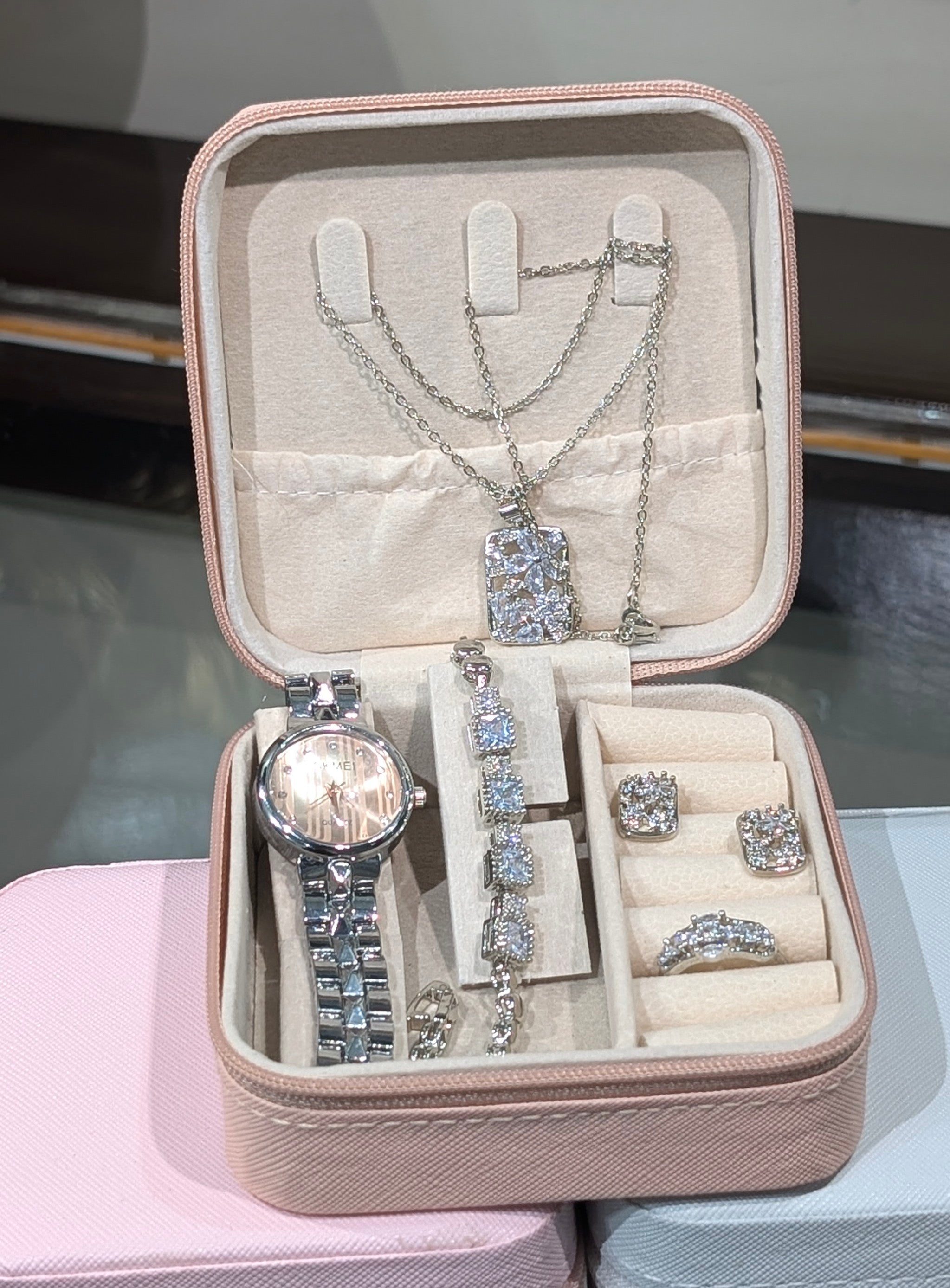 Elegant Silver-Tone Crystal Jewelry Set with Watch – Complete Gift Collection