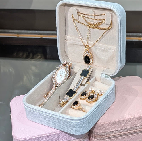 Elegant Black Stone Jewelry Set with Watch – Luxury Gift Collection