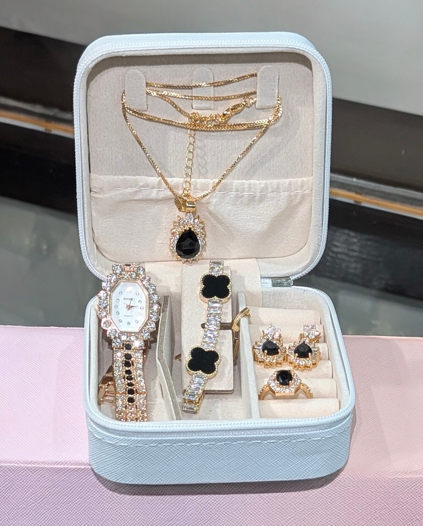 Elegant Black Stone Jewelry Set with Watch – Luxury Gift Collection